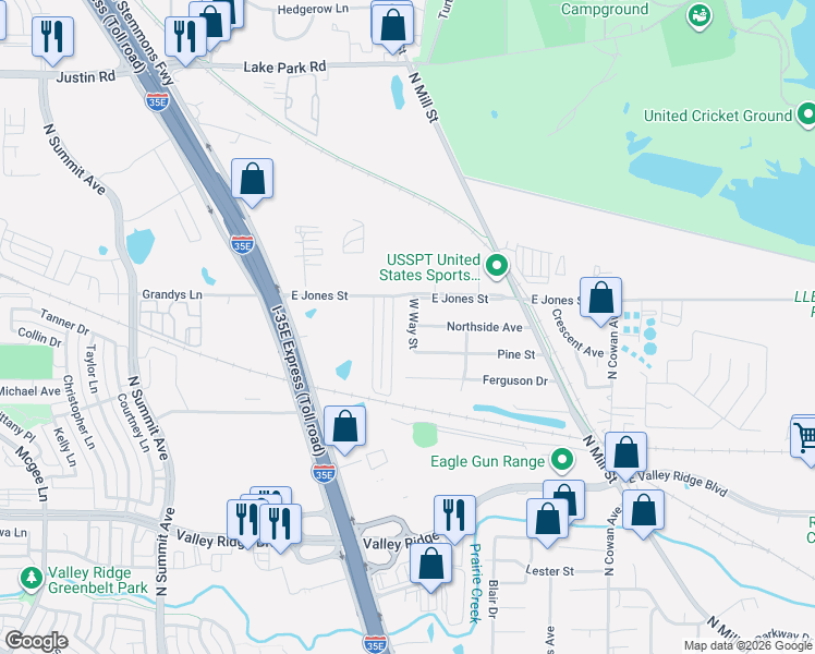 map of restaurants, bars, coffee shops, grocery stores, and more near 126 West Way Street in Lewisville
