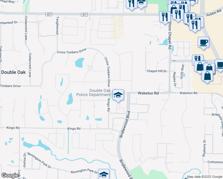 map of restaurants, bars, coffee shops, grocery stores, and more near 301 Waketon Road in Double Oak