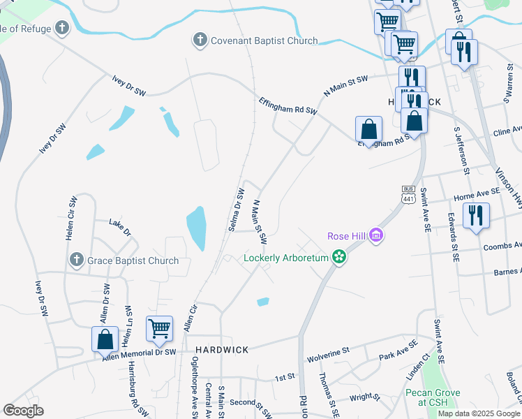map of restaurants, bars, coffee shops, grocery stores, and more near 142 North Main Street Southwest in Milledgeville