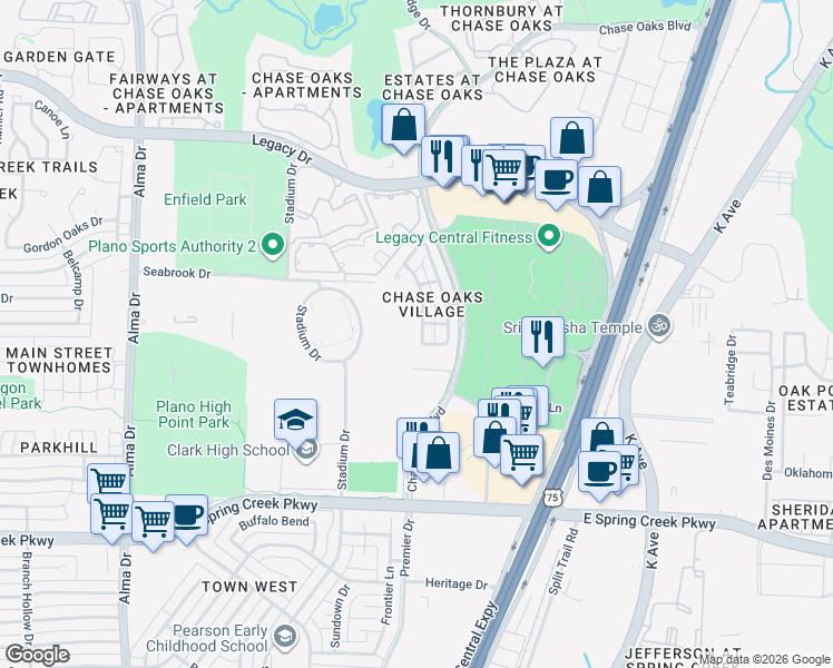 map of restaurants, bars, coffee shops, grocery stores, and more near 6517 Rutherford Road in Plano