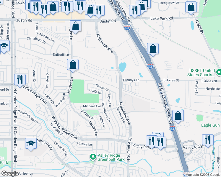 map of restaurants, bars, coffee shops, grocery stores, and more near 1177 Tanner Dr in Lewisville
