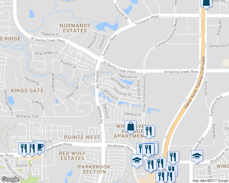 map of restaurants, bars, coffee shops, grocery stores, and more near 6216 Palomino Drive in Plano