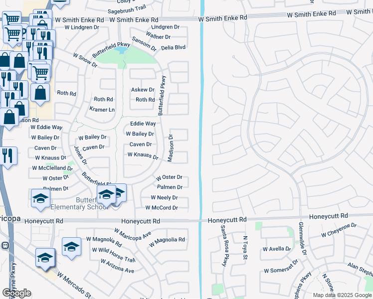map of restaurants, bars, coffee shops, grocery stores, and more near 43198 Knauss Drive in Maricopa