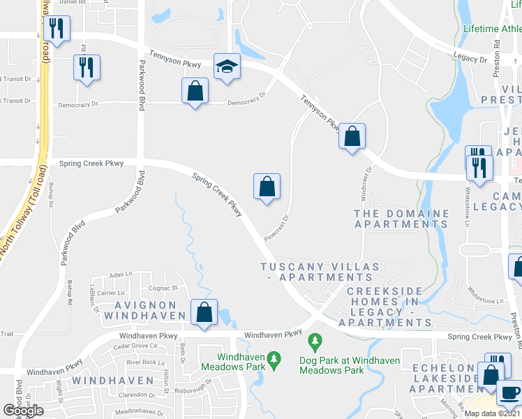 map of restaurants, bars, coffee shops, grocery stores, and more near 5425 West Spring Creek Parkway in Plano
