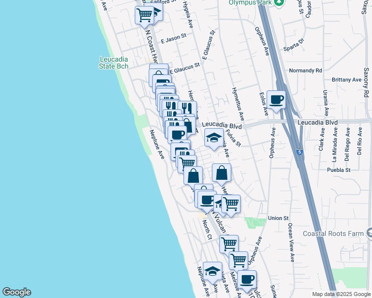 map of restaurants, bars, coffee shops, grocery stores, and more near 809 N Vulcan Ave in Encinitas