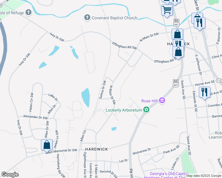 map of restaurants, bars, coffee shops, grocery stores, and more near 142 North Main Street Southwest in Milledgeville