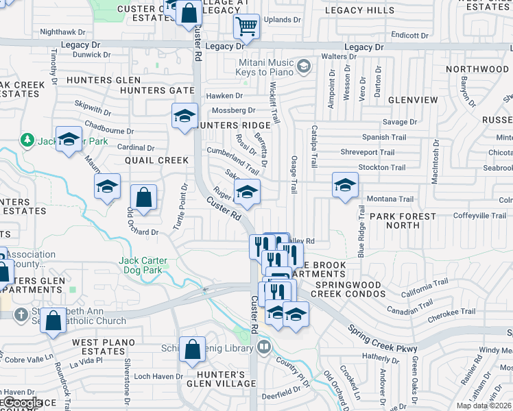 map of restaurants, bars, coffee shops, grocery stores, and more near 2028 Ruger Drive in Plano