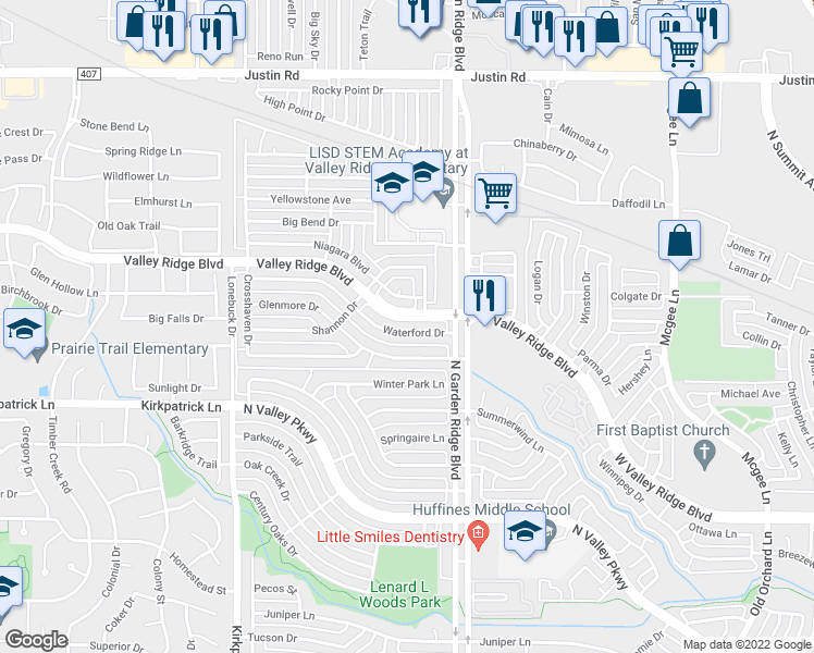 map of restaurants, bars, coffee shops, grocery stores, and more near 1533 Waterford Drive in Lewisville