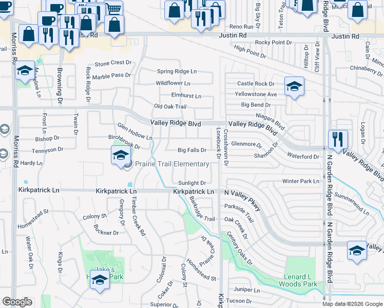 map of restaurants, bars, coffee shops, grocery stores, and more near 1309 Big Falls Dr in Flower Mound