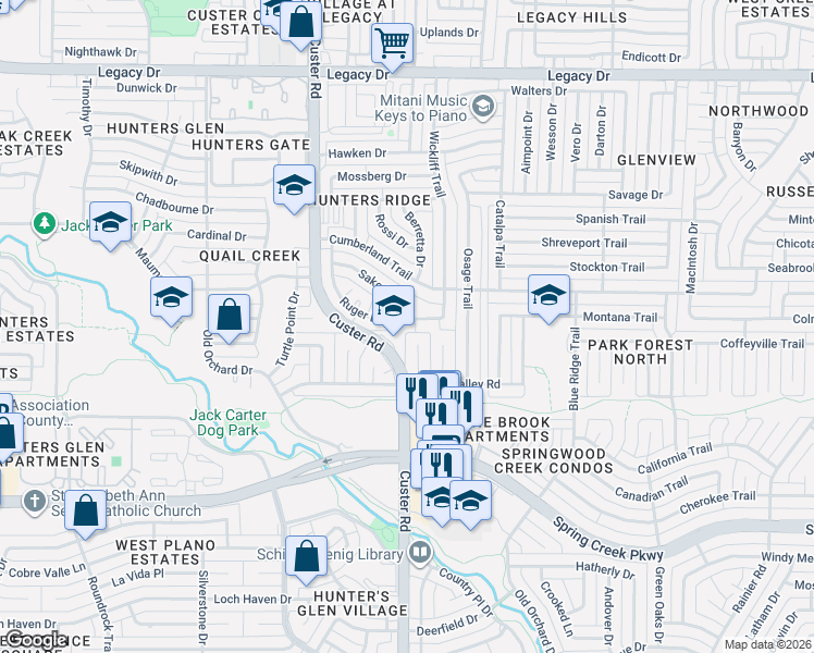map of restaurants, bars, coffee shops, grocery stores, and more near 2028 Ruger Drive in Plano