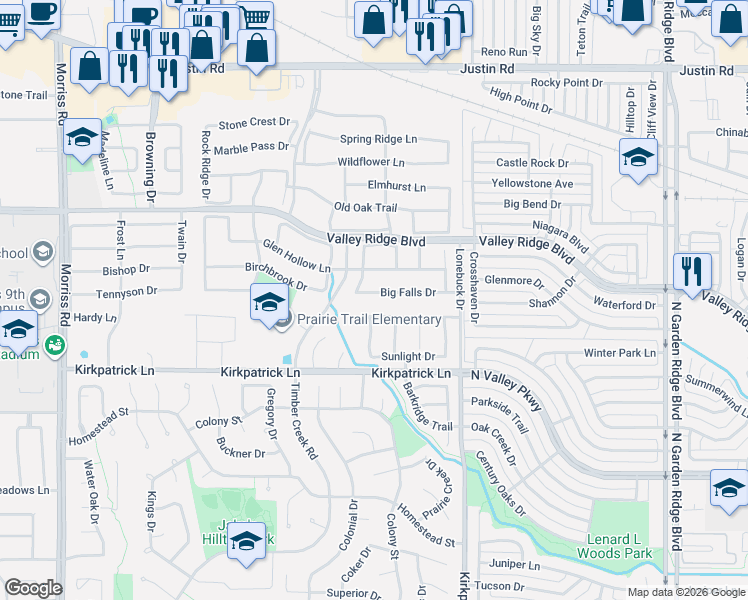 map of restaurants, bars, coffee shops, grocery stores, and more near 1409 Big Falls Drive in Flower Mound