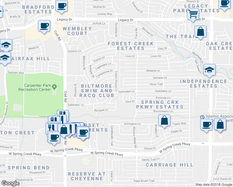 map of restaurants, bars, coffee shops, grocery stores, and more near 3540 Sailmaker Lane in Plano