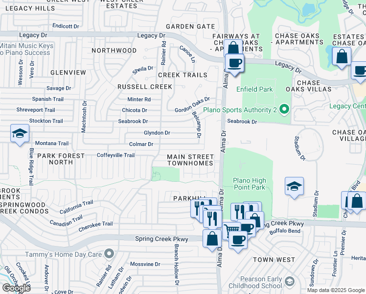 map of restaurants, bars, coffee shops, grocery stores, and more near 1116 Colmar Drive in Plano