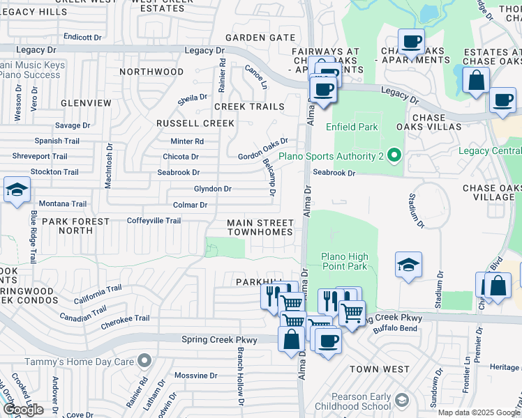 map of restaurants, bars, coffee shops, grocery stores, and more near 1116 Colmar Drive in Plano