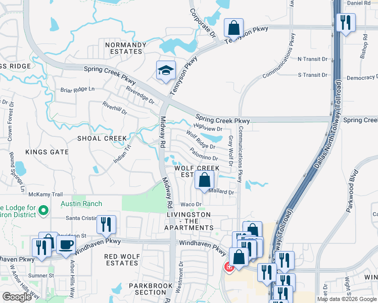 map of restaurants, bars, coffee shops, grocery stores, and more near 6216 Palomino Drive in Plano
