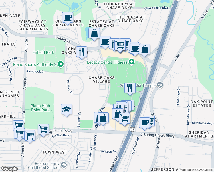 map of restaurants, bars, coffee shops, grocery stores, and more near 6512 Federal Hall Street in Plano