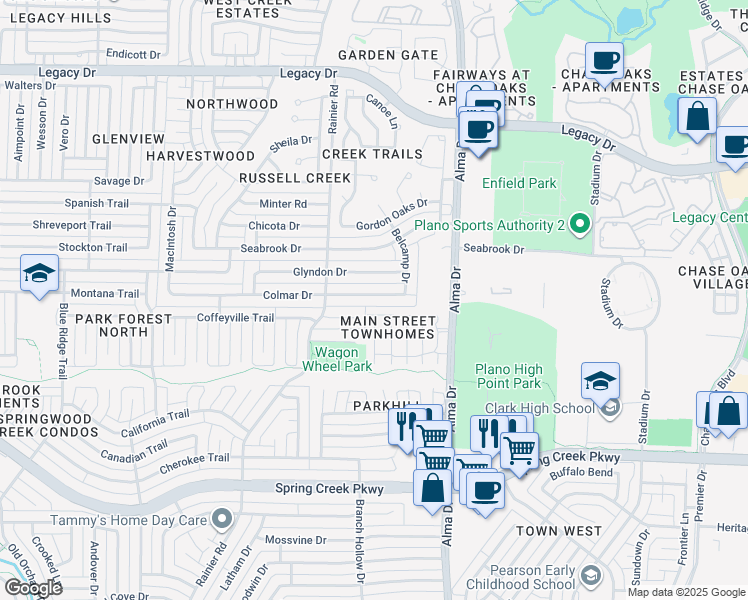 map of restaurants, bars, coffee shops, grocery stores, and more near 1116 Colmar Drive in Plano