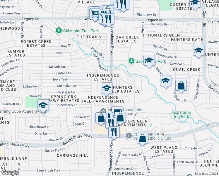 map of restaurants, bars, coffee shops, grocery stores, and more near 6533 Copperfield Lane in Plano