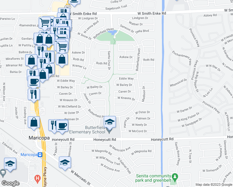 map of restaurants, bars, coffee shops, grocery stores, and more near 43685 West Caven Drive in Maricopa