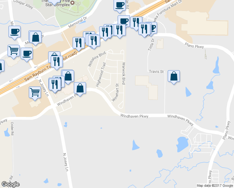 map of restaurants, bars, coffee shops, grocery stores, and more near 805 Winehart Street in Lewisville