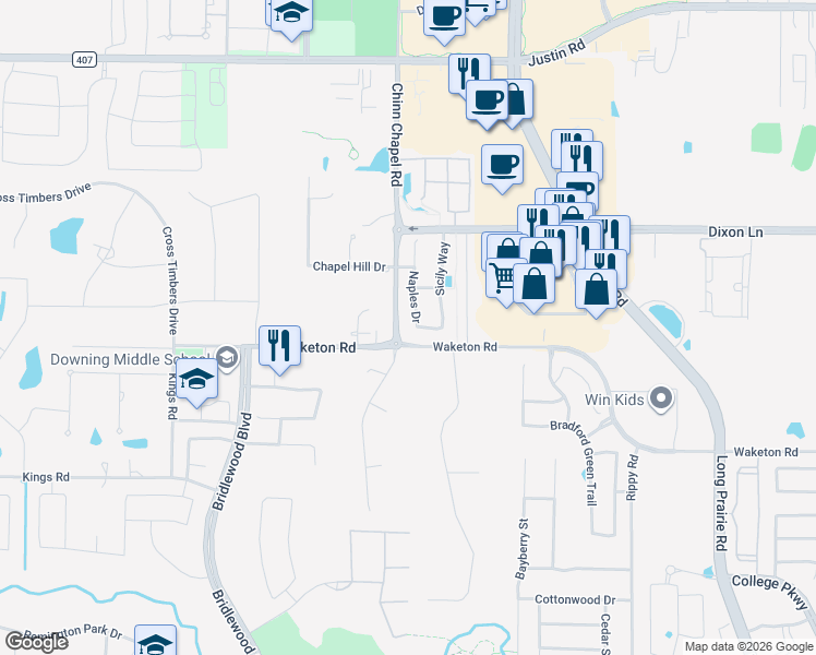 map of restaurants, bars, coffee shops, grocery stores, and more near 5535 Naples Drive in Flower Mound