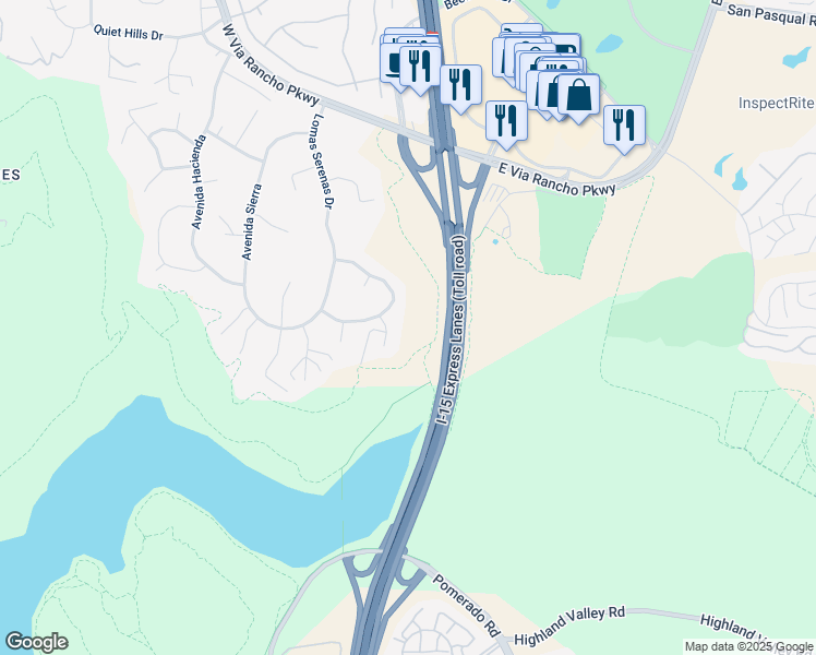 map of restaurants, bars, coffee shops, grocery stores, and more near 3542 Avenida Amorosa in Escondido