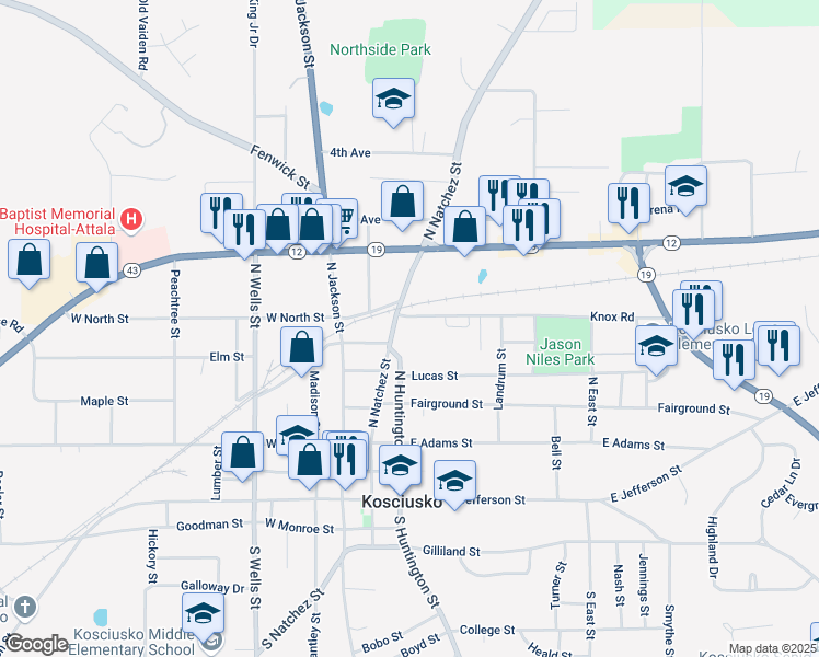 map of restaurants, bars, coffee shops, grocery stores, and more near 600 North Natchez Street in Kosciusko