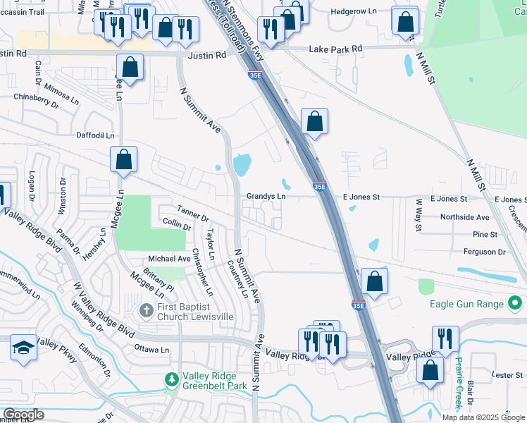 map of restaurants, bars, coffee shops, grocery stores, and more near 1070 Grandys Lane in Lewisville