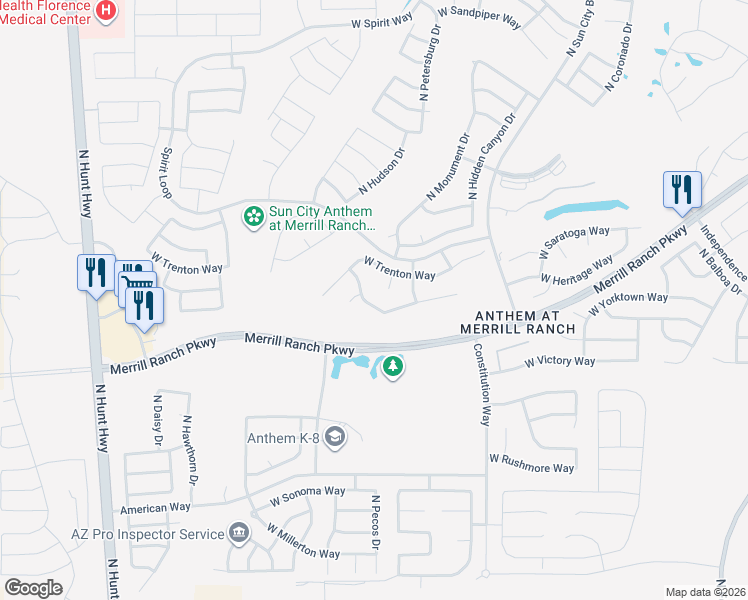 map of restaurants, bars, coffee shops, grocery stores, and more near 7209 West Heritage Way in Florence