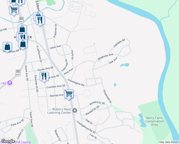 map of restaurants, bars, coffee shops, grocery stores, and more near 31 Oak Circle in Milledgeville