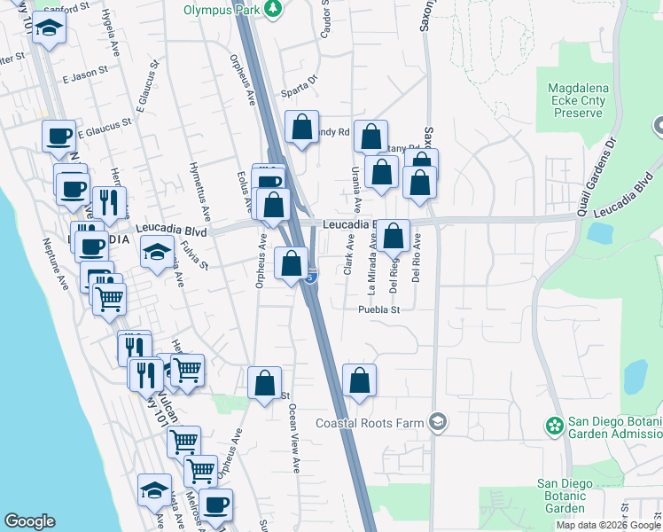 map of restaurants, bars, coffee shops, grocery stores, and more near 792 Clark Avenue in Encinitas