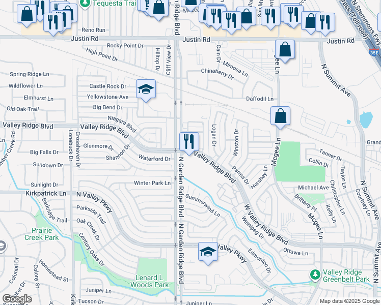 map of restaurants, bars, coffee shops, grocery stores, and more near 1000 West Valley Ridge Boulevard in Lewisville