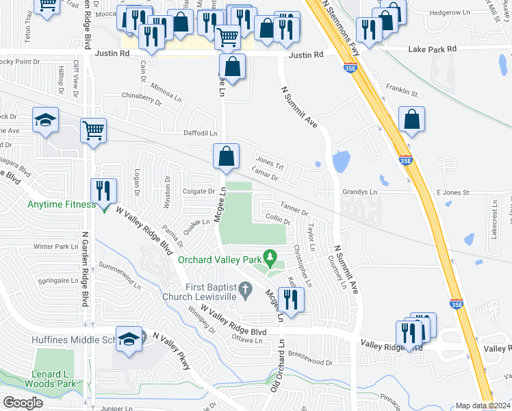 map of restaurants, bars, coffee shops, grocery stores, and more near 1260 Casey Trail in Lewisville