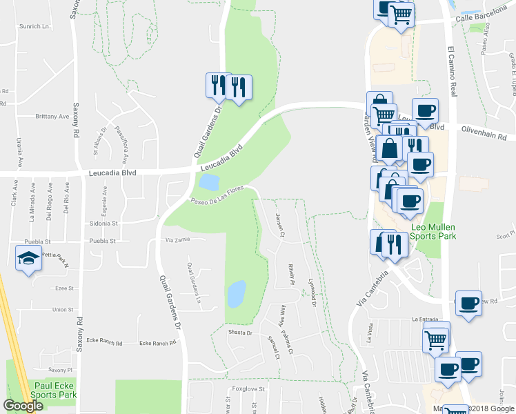 map of restaurants, bars, coffee shops, grocery stores, and more near 1463 Paseo De Las Flores in Encinitas