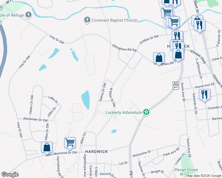 map of restaurants, bars, coffee shops, grocery stores, and more near 142 North Main Street Southwest in Milledgeville