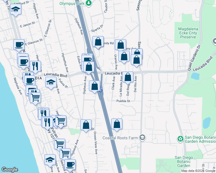 map of restaurants, bars, coffee shops, grocery stores, and more near 814 Clark Avenue in Encinitas