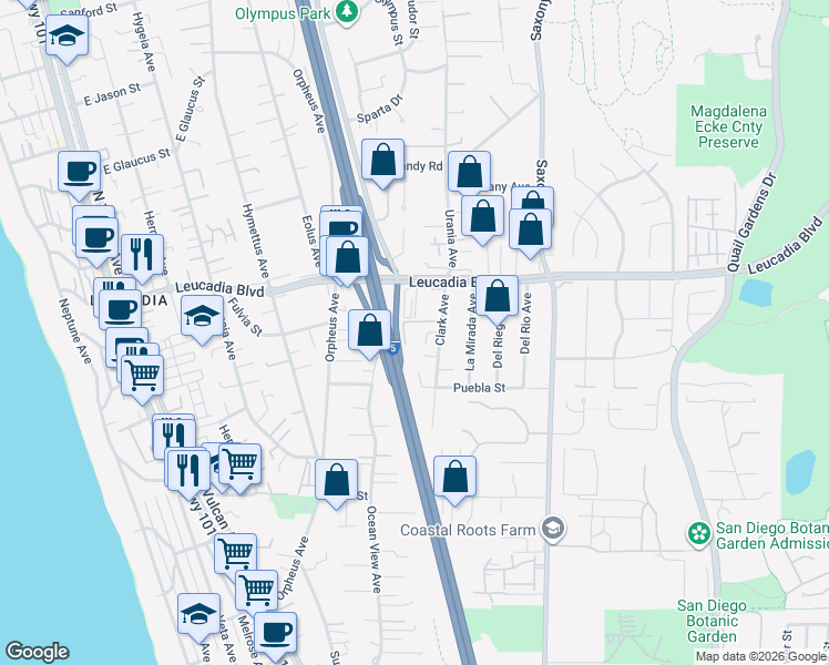 map of restaurants, bars, coffee shops, grocery stores, and more near 814 Clark Avenue in Encinitas