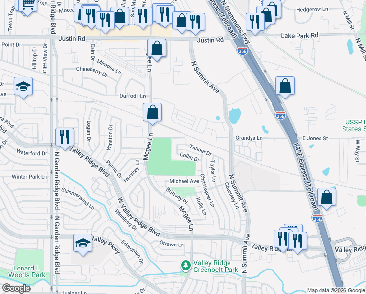map of restaurants, bars, coffee shops, grocery stores, and more near 1237 Collin Drive in Lewisville