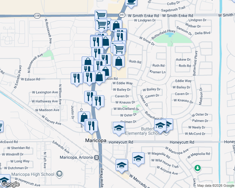 map of restaurants, bars, coffee shops, grocery stores, and more near 44384 Caven Drive in Maricopa