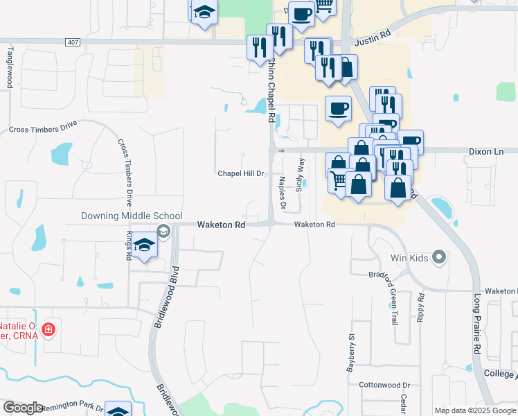 map of restaurants, bars, coffee shops, grocery stores, and more near 115 Kyle Court in Lewisville