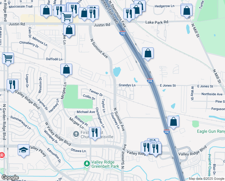 map of restaurants, bars, coffee shops, grocery stores, and more near 1070 Grandys Lane in Lewisville