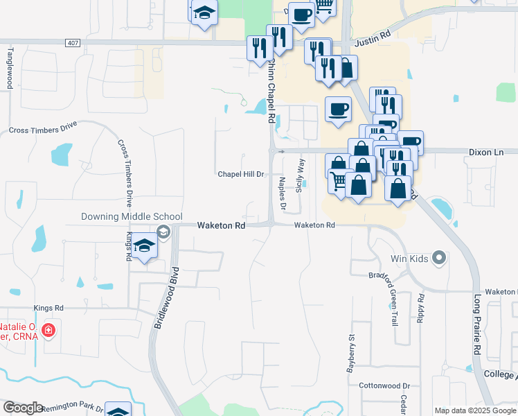 map of restaurants, bars, coffee shops, grocery stores, and more near 115 Kyle Court in Lewisville