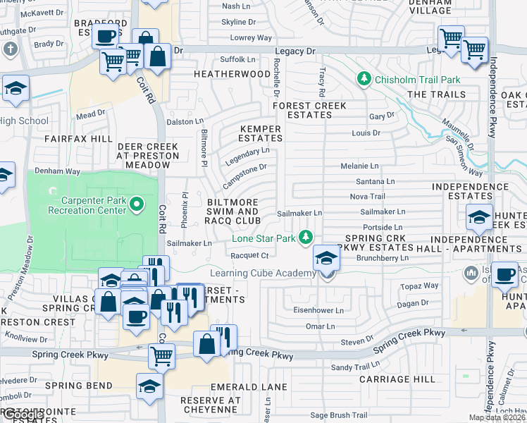 map of restaurants, bars, coffee shops, grocery stores, and more near 3540 Sailmaker Lane in Plano