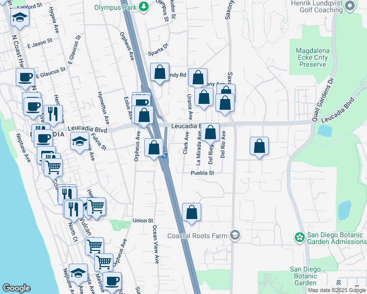 map of restaurants, bars, coffee shops, grocery stores, and more near 777 Clark Avenue in Encinitas