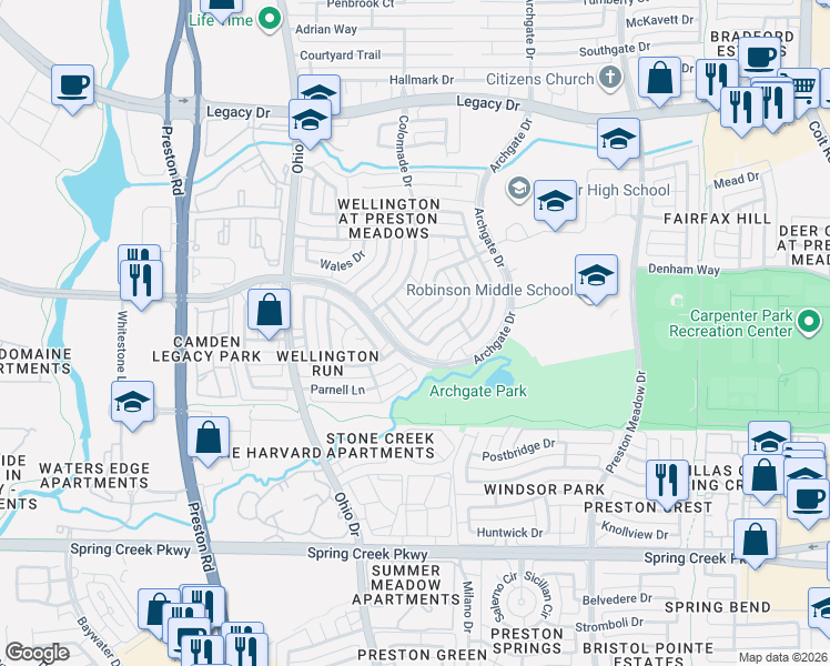map of restaurants, bars, coffee shops, grocery stores, and more near 4612 Putnam Drive in Plano