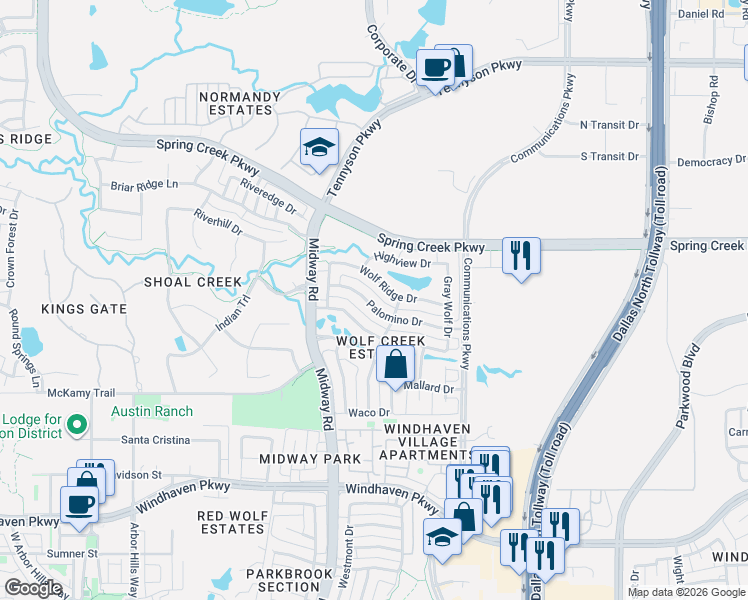 map of restaurants, bars, coffee shops, grocery stores, and more near 6216 Palomino Drive in Plano