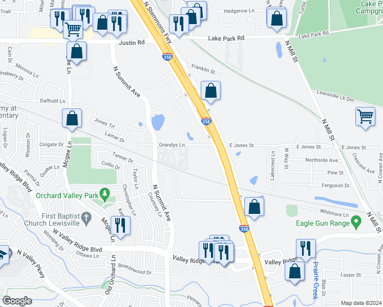 map of restaurants, bars, coffee shops, grocery stores, and more near 1070 Grandys Lane in Lewisville