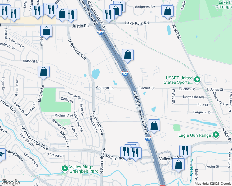 map of restaurants, bars, coffee shops, grocery stores, and more near 1070 Grandys Lane in Lewisville