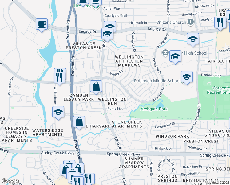 map of restaurants, bars, coffee shops, grocery stores, and more near 6609 Candlecreek Lane in Plano