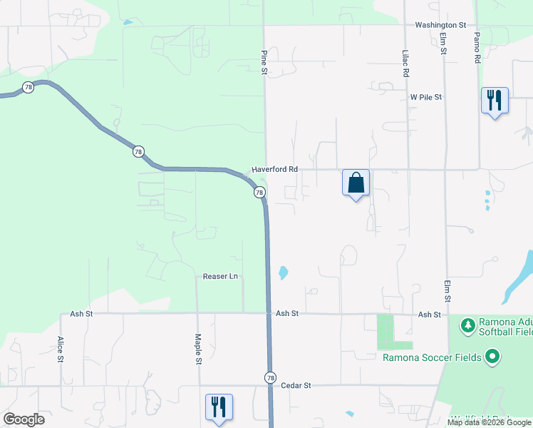 map of restaurants, bars, coffee shops, grocery stores, and more near California 78 in Ramona